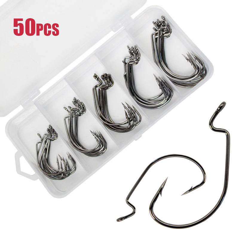 Fishing Hook Offset - 50 adet Geniş Solucan Kanca Karbon
